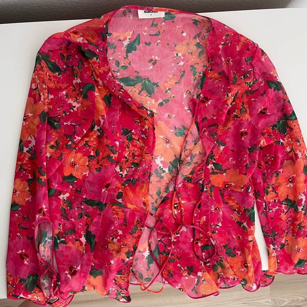 Rumored Floral Sheer Blouse - Red and Orange
